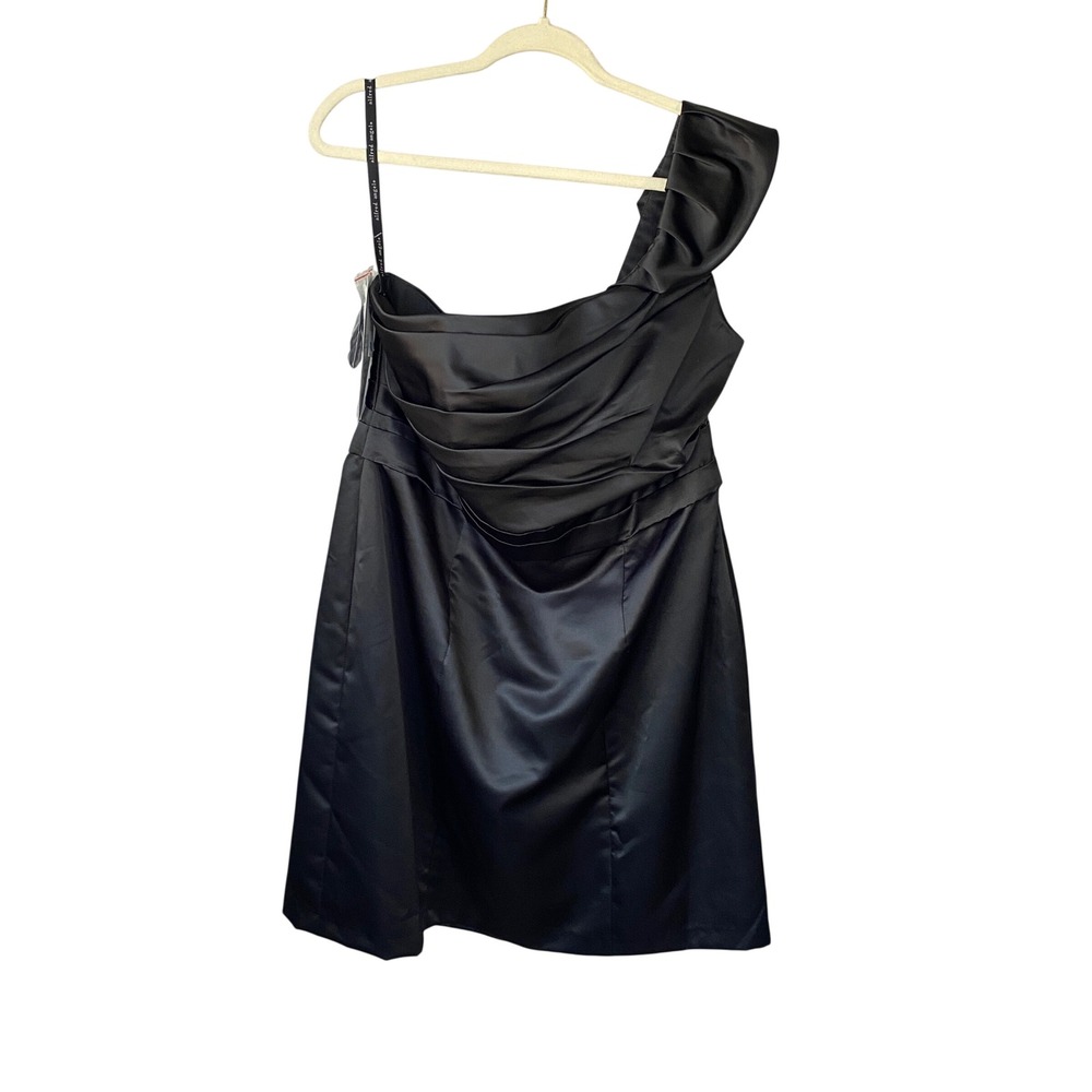 Alfred Angelo Black Satin One Shoulder Ruched Cocktail Dress 16W NEW
